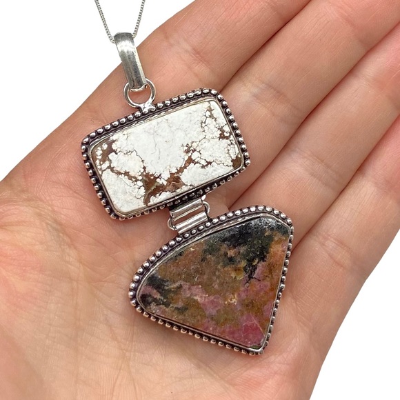 Jewelry - Rhodonite & Wild Horse Necklace Pendant Sterling Silver 925 Boho Western Jewelry